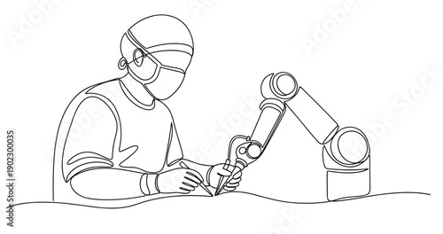 Robotic surgery: male surgeon and robotic arm in precision operation. No editable stroke
