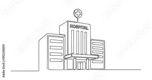 Minimalist line drawing of a modern hospital building exterior. No editable stroke
