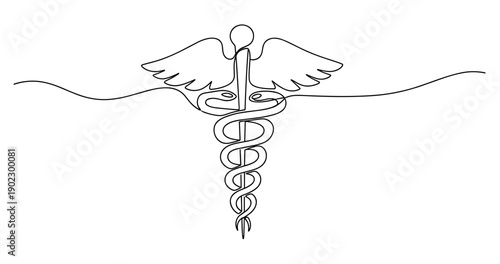 Minimalist caduceus symbol line drawing illustrating medical icon. No editable stroke