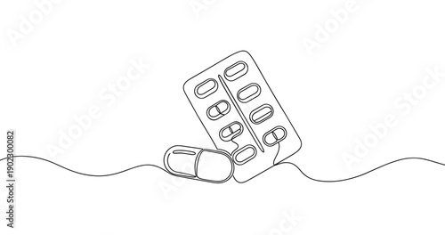 Minimalist line art of blister pack and capsules on white background. No editable stroke
