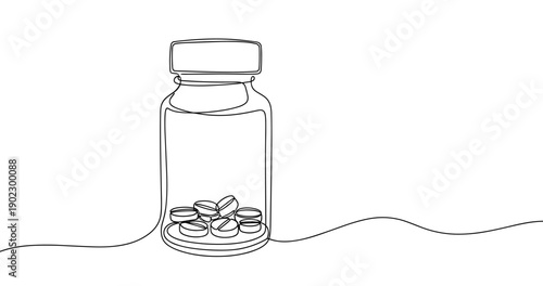 Continuous line drawing of pill bottle with capsules. No editable stroke