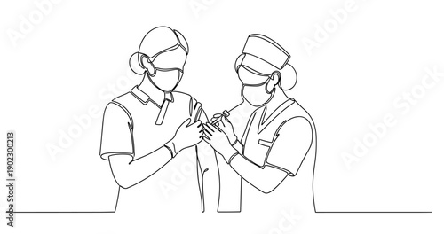 Line drawing of female medical professional vaccinating patient with careful precision. No editable stroke