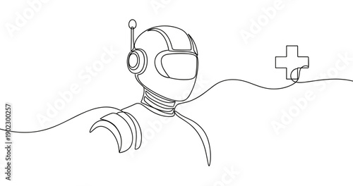 Line art: robot and medical cross symbol in tech-healthcare theme. No editable stroke