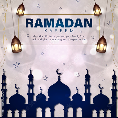 Elegant Ramadan Kareem Greeting with Mosque Silhouette and Lanterns, Islamic Holy Month Banner with Glowing Lanterns and Bokeh Background, Ramadan Mubarak Social Media Post Template with Navy Blue Mos