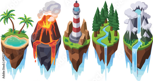 Floating islands, tropical lagoon, erupting volcano, lighthouse terrain, forest river, mountainous peak, waterfalls, diverse ecosystems, geology illustration, fantasy environment, game design asset