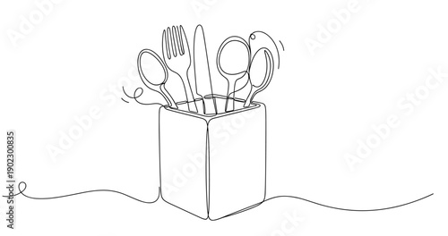 Line art of cutlery set in holder: fork, knife, spoons outline design. Non editable stroke