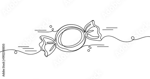 Continuous line drawing of wrapped candy design with decorative elements. Non editable stroke
