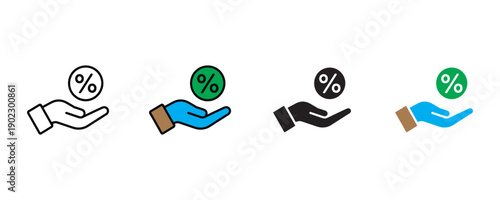 Discount offer and percentage commission icon vector. Hand holding percent coin banking symbol. Vector illustration.
