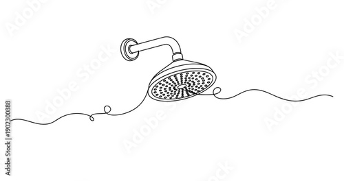 Line art of shower head with flowing water stream in minimalist style. Non editable stroke