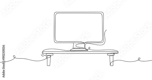 Line art: minimalist desktop monitor and keyboard sketch. Non editable stroke