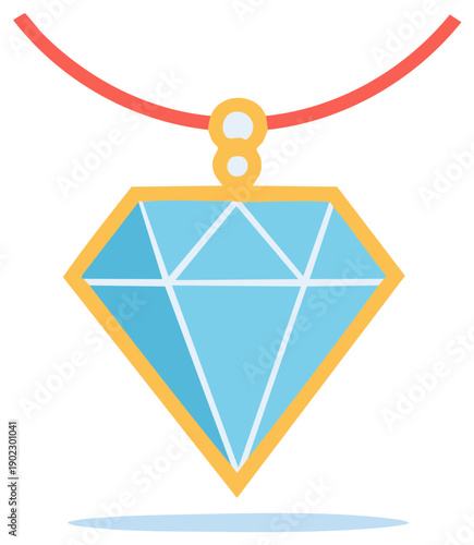 Diamond pendant on red necklace. Flat design vector illustration.