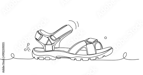 Continuous line drawing of sport sandal with adjustable straps and rugged sole. Non editable stroke