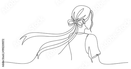 Line art of female with hair ribbon: simple and elegant illustration. Non editable stroke