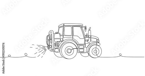 Continuous line drawing of tractor spraying in field. Non editable stroke