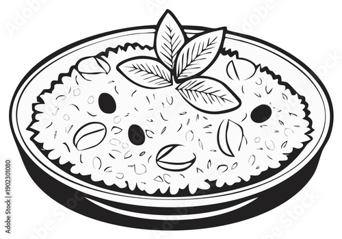 Black and white illustration of rice pilaf with basil garnish in a bowl.