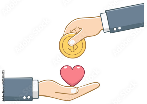 Giving a coin to support a heart, symbolizing donation and charity