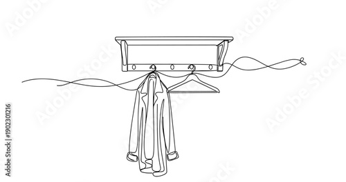 Minimalistic line art: coat hanging on a rack with hangers. Non editable stroke