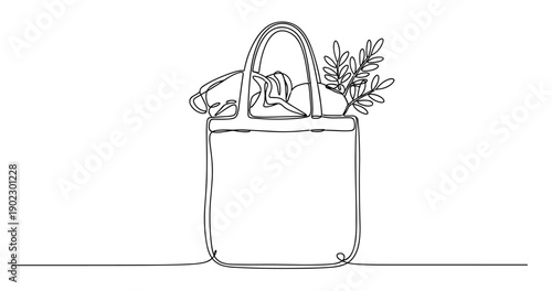 Minimalist continuous line drawing of tote bag with groceries and plant. Non editable stroke