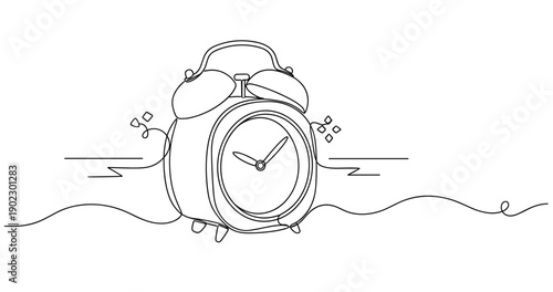 Minimalist line art of vintage alarm clock with sound waves. Non editable stroke