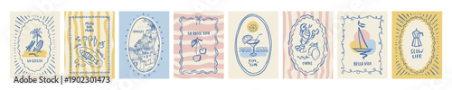 Amalfi coast wall art. Italian sunny beach summer vacation posters. Retro Dolce Vita kitchen prints. Vintage vector palm sea illustrations. Lobster, yacht, fish icon doodle Mediterranean food sketches