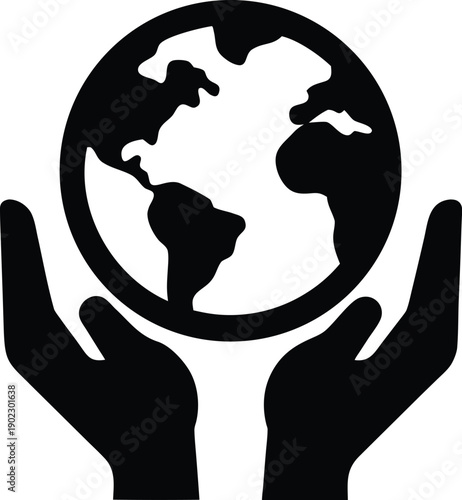 earth with hands holding silhouette vector illustration on transparent background