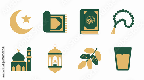Ramadan Icons Vector Illustration Crescent Moon Star Quran Prayer Rug Mosque Lantern Dates Water Misbaha Beads Islamic Art Design Template for Celebration Religion Culture Tradition