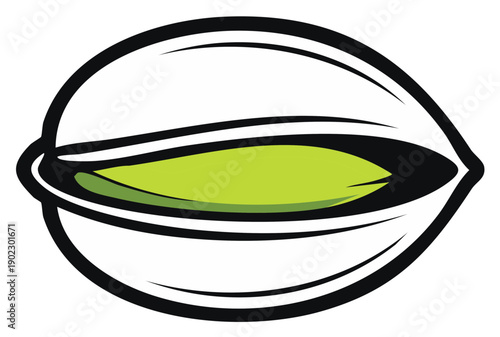 Stylized illustration of a single pistachio nut with a vibrant green kernel, clean design
