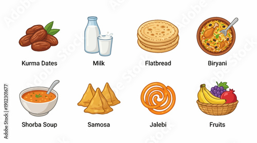 Ramadan Eid Vector Food Illustration Kurma Dates Milk Flatbread Biryani Shorba Soup Samosa Jalebi Fruits Traditional Islamic Cuisine Design Template for Celebration Greeting Invitation Culture