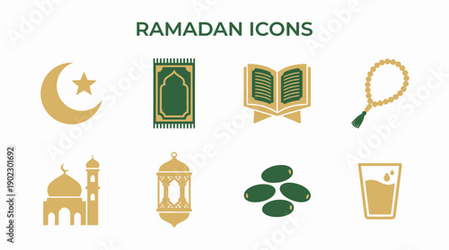 Ramadan Icons Vector Illustration Crescent Moon Star Quran Prayer Rug Mosque Lantern Dates Water Misbaha Beads Islamic Art Design Template for Celebration Religion Culture Tradition
