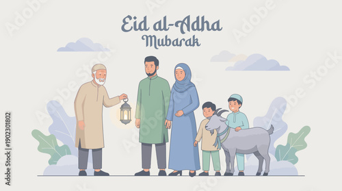 Eid al Adha Vector Illustration Family Celebration Lantern Goat Clouds Decorative Background Islamic Holiday Design Template for Greeting Invitation Tradition Culture Faith Festival Mubarak