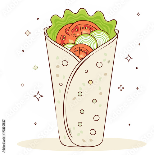 Delicious wrap with fresh tomatoes, cucumbers, and lettuce leaves. Healthy balanced dietary food option in the soft tortilla bread.
