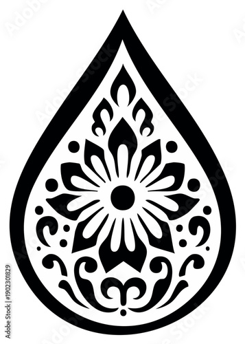 Ornamental black floral design with intricate details within a teardrop shape.