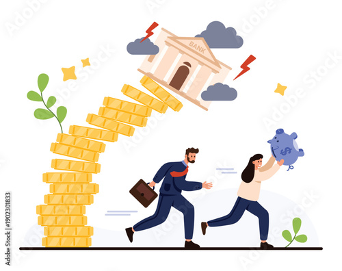 Depicts a bank toppling from unstable coin stacks with people fleeing, symbolizing inflation, bankruptcy, economic instability, and financial crisis isolated on white background vector illustration