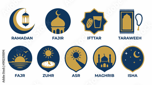 Ramadan Vector Illustration with Crescent Moon Mosque Lanterns Daily Prayers Icons Iftar Dates Water Taraweeh Night Worship Spiritual Design Template Islamic Culture Faith Celebration