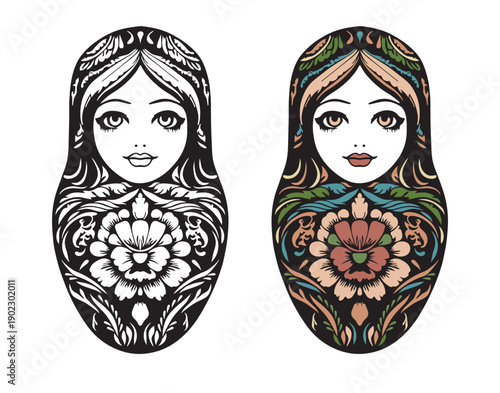 Two matryoshka dolls - black and white and a color pattern. Traditional Russian dolls are isolated objects on a white background. Vector clipart