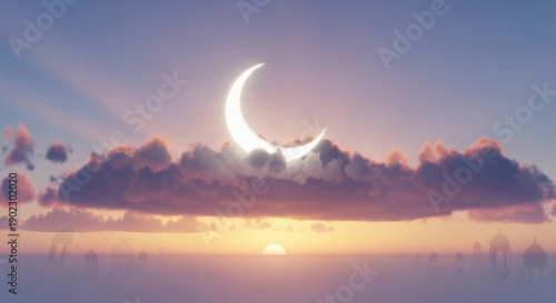 Celebrating Ramadhan Kareem under the crescent moon with serene clouds at dusk from a distant viewpoint