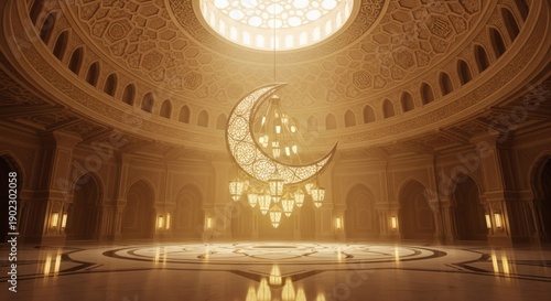 Celebrating Ramadhan Kareem in a grand mosque with crescent moon decorations and lanterns