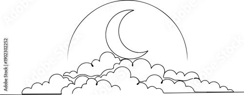 A simple black and white drawing of clouds and a crescent moon in the sky.