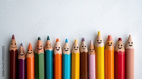 Colorful pencils with smiles stand together on a white surface suggesting collaboration and creativity in group activities