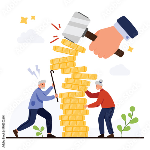 Elderly couple struggles to protect unstable stack of gold coins as large hand with hammer threatens savings financial insecurity retirement inflation risk concept isolated on white background vector
