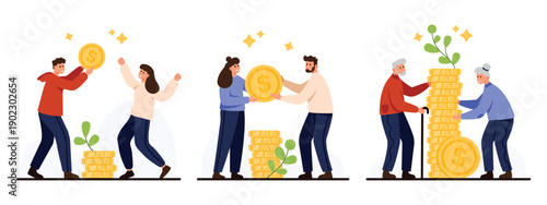 People of various ages building savings with growing coin stacks and plants symbolizing financial growth and wealth accumulation over time isolated on white background vector illustration