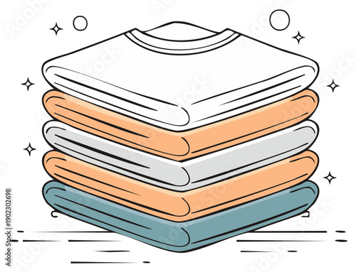 Stack of clean freshly folded t-shirts with sparkles, minimalist line art illustration