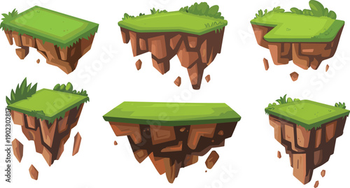 Floating land platforms, grassy tops, rocky undersides, cartoon style, vegetation bushes, jagged edges, loose rocks, fantasy environment, game design, digital art asset