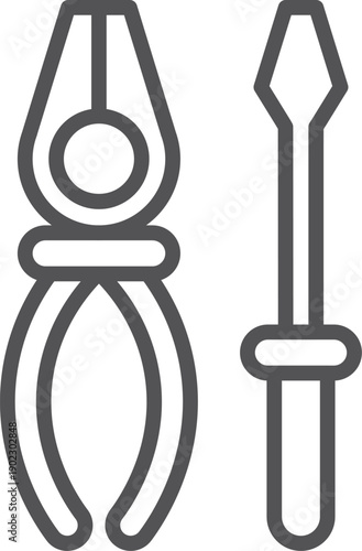 A pair of pliers and a wrench are shown in a black and white drawing