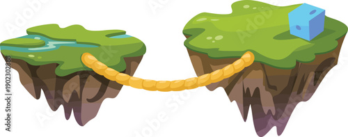 Floating landmasses, rope bridge, grassy tops, rocky undersides, stream water feature, blue cubic structure, fantasy terrain, whimsical landscape, game design, digital art asset