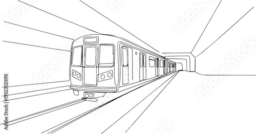 A train is shown moving along the tracks with motion lines indicating speed.