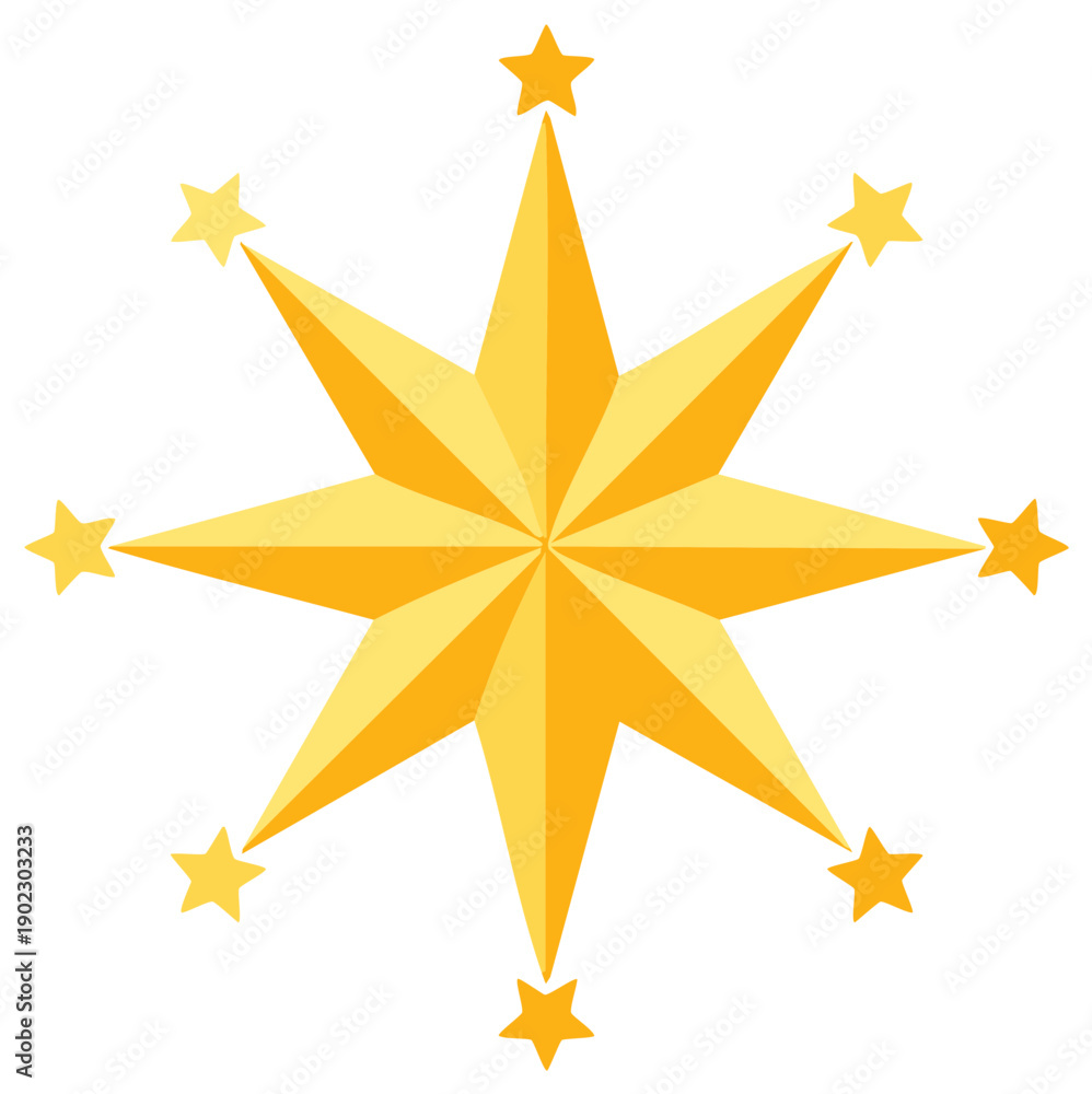 Obraz premium Golden eight pointed star design surrounded by smaller radiating yellow stars illustration