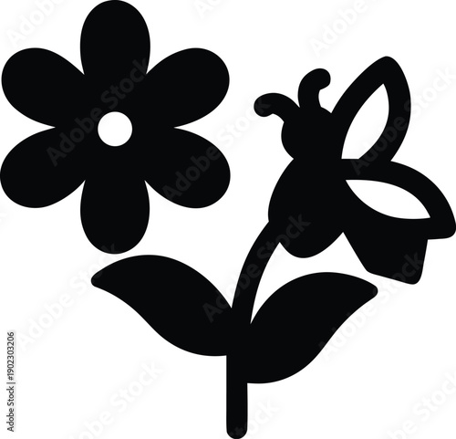 bee pollinating flower silhouette vector illustration on transparent background