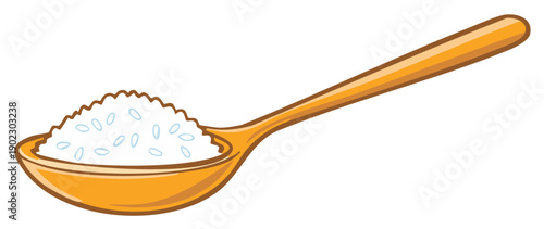 Spoonful of White Rice on Wooden Spoon for Cooking Ingredient or Food Serving