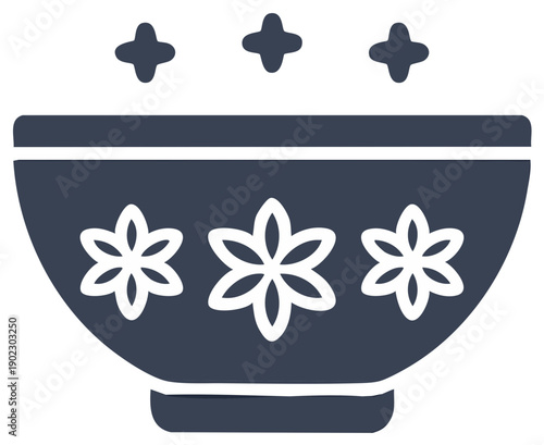 Decorative bowl design with floral patterns and star accents, stylized crockery, symmetrical flower details, minimal art vector graphic